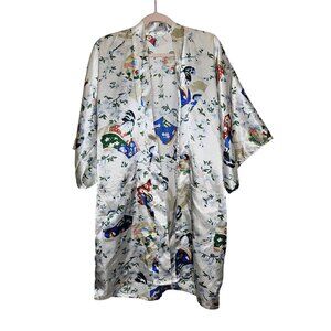Whitby Silver Satin Kimono Robe Medium With Japanese Geisha Print & Floral Desig